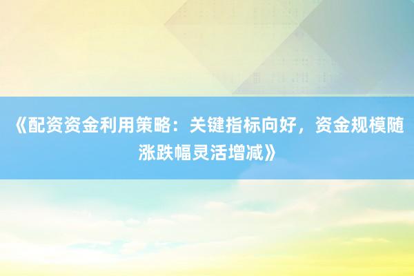 《配资资金利用策略：关键指标向好，资金规模随涨跌幅灵活增减》